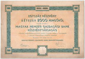 Budapest 1943. "Magyar Nemzeti Gazdasági Bank" száz részvénye egyben, összesen 2000P-ről, szárazpecséttel, szelvényekkel T:AU