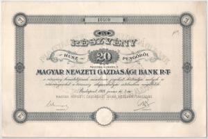 Budapest 1928. Magyar Nemzeti Gazdasági Bank Rt. részvénye 20P-ről, szárazpecséttel, szelvényekkel T:AU,XF