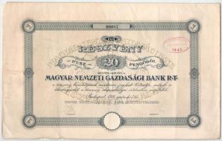 Budapest 1926. Magyar Nemzeti Gazdasági Bank Rt. részvénye 20P-ről, szárazpecséttel, bélyegzéssel, szelvényekkel T:F