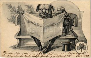 1904 Boldog Új Évet! újságot olvasó malacok, humor, lóhere / New Year, pigs reading newspapers, humorr, clover. Art Nouveau