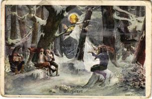 1920 Boldog karácsonyi ünnepeket! törpök, angyal / Christmas greeting, dwarves, angel. Amadelis, B. K. W. I. 3032-1. (EM)