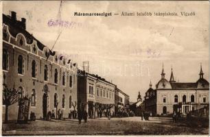 1917 Máramarossziget, Sighetu Marmatiei; Állami felsőbb leányiskola, vigadó, Dreher sercsarnok. 382. Vasúti levelezőlapárusítás / girl school, redoute, beer hall + "K.u.K. Bahnhofkommando"