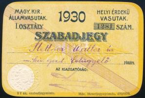 1930 MÁV szabadjegy I. osztály