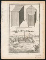 ca 1700 Sarvos- Szarvas várának látképe. rézmetszet megjelent: Birckenstein/Pürckenstein, Anthon Ernst Burckhard von: Auslesener Anfang zu denen höchst=nützlichen Matematischen Wissenschaften...Sammt einem Anhang oder Beschreibung, Derer...Ungarischen Städten... Augspurg, 1731, Mertz und Mayer. 100x160 mm