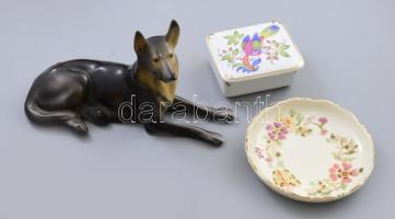 Hollóházi németjuhász + bonbonier + Zsolnay pillangó mintás tálka d: 12 cm, jelzett, néhol kopással, bonbonnieren lepattanással