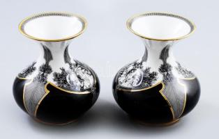 Hollóházi 2 darab Jurcsák László által tervezett mintával díszített porcelán váza, matricás, jelzett, hibátlan, m: 10,5 cm