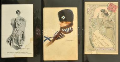 120 db RÉGI szignált művész képeslap albumban, vegyes minőségben / 120 pre-1945 artist signed motive...