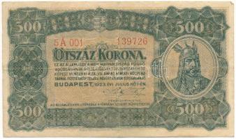 1923. 500K "5A 001 139726", "Magyar Pénzjegynyomda Rt. Budapest" nyomdahely jelöléssel T:F folt Adamo K34