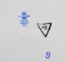 Zsolnay virágmintás kompótos szett, jelzett, kopással, teljes, d: 13-25 cm