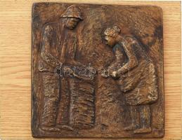 Takács Erzsébet (1928-1999): Krumpliszedők. Bronz plakett, fa lapra applikálva. Jelzett, 16x17 cm