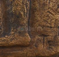 Takács Erzsébet (1928-1999): Krumpliszedők. Bronz plakett, fa lapra applikálva. Jelzett, 16x17 cm