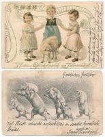 10 db RÉGI újévi üdvözlő motívum képeslap malacokkal, vegyes minőség / 10 pre-1945 New Year greeting motive postcards with pigs, mixed quality