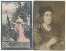 14 db régi motívum képeslap vegyes minőségben: festés / 14 pre-1945 motive postcards in mixed qualit...