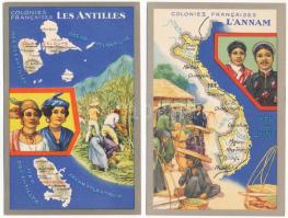 23 db RÉGI nyomtatvány: Francia gyarmatok térképekkel, hátoldalon leírásokkal / 23 pre-1945 cards wi...