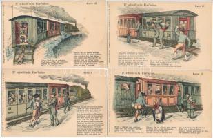 D' schwäb'sche Eise'bahne - 4 db 1905 előtti humoros litho képeslap a sváb vasutasokról / 4 pre-1905 humour litho postcards of Swabian (Schwabian) railwaymen