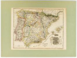 1849 Spanien und Portugal - Spanyolország és Portugália színezett acélmetszetű térképe.rajta Madrid ...