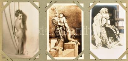 cca 1930 Régi fotóalbum, képeslapokkal, fotólapokkal, 9×14 cm-es fotókhoz