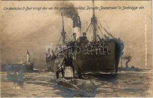 Ein deutsches U-Boot bringt den von ihm gekaperten holländ. Dampfer Zaanstroom in Zeebrügge ein / WWI German Navy (Kaiserliche Marine) art postcard, submarine s: Willy Stöwer