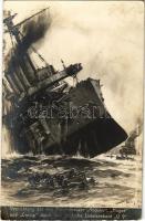 Vernichtung der drei Panzerkreuzer "Aboukir", "Hogue" und "Cressy" durch das deutsche Unterseeboot "U 9" / WWI German Navy (Kaiserliche Marine) art postcard, submarine sinks 3 armored cruisers s: Willy Stöwer (EK)