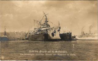 Nach dem Angriff auf die Dardanellen. Ein beschädigter feindlicher Kreuzer zur Reparatur in Malta / After the attack on the Dardanelles. A damaged enemy cruiser for repairs in Malta