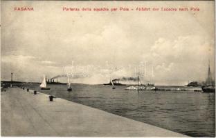 Fazana, Fasana; Partenza della squadra per Pola / Abfahrt der Escadre nach Pola. K.u.K. Kriegsmarine / Austro-Hungarian Navy, departure of the squadron to Pula. Dep. F. G. Marincovich, Fotografia R. Marincovich