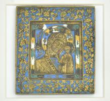 Kazányi Istenanya. Utazóikon. Öntött bronz, zománcozással, 10x11 cm, modern üvegezett keretben, 25x2...