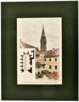 cca 1850 Pozsony Ferences kolostor színezett fametszet paszpartuban 12x15 cm