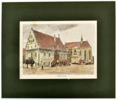 cca 1850 Bártfai városház színezett fametszet paszpartuban 20x13 cm