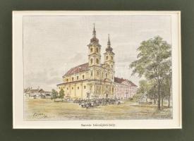 cca 1850 Sárvár, búcsújáró hely színezett fametszet paszpartuban 13x9 cm