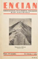 1937-1938 Encian. Turistasággal és sí-sporttal foglalkozó havi folyirat havi folyóirat 1937-1938-as számaiból kolligátum: 1937 III. évf. 11-12. sz. 1937. nov.-dec., 1938 IV. évf. 2-10., 12 sz. 1938. feb.- okt., dec. Szerk.: Hild János. Átkötött félvászon-kötésben, benne bekötött borítókkal, kopott borítóval, a gerincen kis sérüléssel,egy-két foltos lappal. Benne Földes Imre (1881-1948): Ex libris Béres Károly, linó, papír, jelzett a dúcon, 13x11 cm