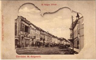 Máramarossziget, Sighetu Marmatiei;Fő tér, Csoma Imre és Weisz Bertalan üzlete. Mayer és Berger kiadása / mainj square, shops