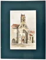 cca 1850 Kassai Szent Mihály kápolna színezett fametszet paszpartuban 13x19 cm