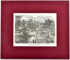 cca 1860 Japán, Yeddo, császári templom fametszet paszpartuban 16x12 cm