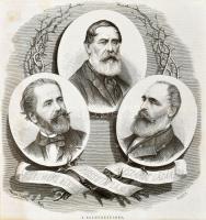 cca 1860 Száműzetésben 1848-asok Kossuth Lajos, Mészáros Lázár, Szemere Bertalan. fametszet paszpartuban 23x24 cm