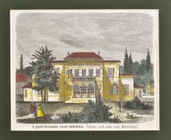 cca 1865 A pesti lóvonatú vasút indóháza UJpest színezett fametszet paszpartuban 13x10 cm