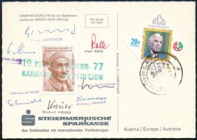 1977 A német-osztrák Karakorum-expedíció tagjainak aláírásai az expedícióról küldött levelezőlapon: Franz Sindermann, Helmut Linzbichler, Dieter Class, Johannes Schmidt, Wolfgang Krimmer, Ekkehardt Kreiser, Albert Roth