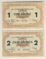 Ausztria/Marchtrenk hadifogolytábor DN 1K, 2K szükségbankjegyek, ritka magyar nyelvű propaganda ismertető borítékkal T:I