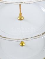 Antik háromemeletes süteménykínáló, fém szerelékkel, egyik tányéron jelzett, kopással, kissé ferde, ...