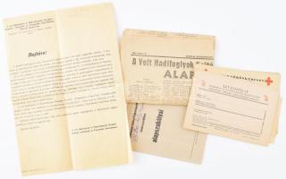 cca 1945-1947 A Volt Hadifoglyok Bajtársi Szövetsége (VHBSz) alapszabályai (újságcikk), valamint a VIII. ker. helyi csoportjának alapszabályai, levelezőlapok, meghívó hadifogoly megvendégelésre (kis hiánnyal), hadifogoly keresőlap, felhívás.