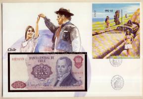 Chile 1983. 100P dekoratív, nagyalakú bankjegyes, bélyeges borítékon, bélyegblokkal, elsőnapi bélyegzővel T:I