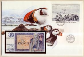 Izland 1981. 10K dekoratív, nagyalakú bankjegyes, bélyeges borítékon, bélyegblokkal T:I