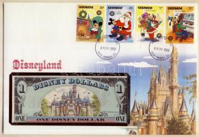 USA/Disneyland 1987. 1 Disney Dollar dekoratív, nagyalakú bankjegyes, bélyeges borítékon T:I