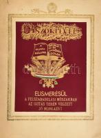 cca 1950 Díszoklevél elismerésül a felszabadulási műszakban az újítás terén végzett jó munkáért, papír, aranyozott, festett vászon, kopott, kissé foltos papírral