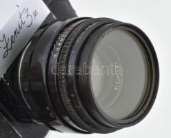 cca 1970 Zenit 3M fényképezőgép, Helios-44 2/58 objektívvel, eredeti kissé sérült bőr tokjában