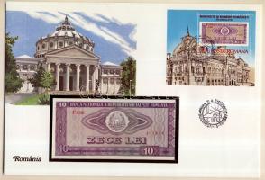 Románia 1966. 10L dekoratív, nagyalakú bélyeges, bankjegyes borítékon, bélyegblokkal T:I