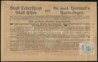 cca 1880-1890 Gyógyszerkészítményeket hirdető német nyelvű reklámlap, rajta 6kr Naptárbélyeg, kétoldalas, 19x12 cm