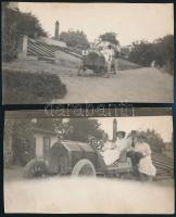 cca 1909 Oroszvár (Pozsony, Felvidék), a Czullik család tagjai egy korai automobillal, valamint autóbusszal(?), 3 db fotó, 13,5x8,5 cm körüli méretben