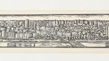 Andruskó Károly (1915-2008): Újvidék (Novi Sad.) Fametszet, papír, jelzett a nyomaton. Üvegezett fak...