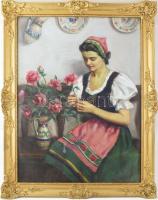 Olvashatatlan jelzéssel (balra lent, Pap Emil?): Lány virágokkal. Olaj, vászon. 80x60 cm. Dekoratív, üvegezett fakeretben.