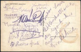 Kalmár Pál zeneszerző és a Rajkó zenekar egyes tagjainak aláírása Café Ostende fotólap hátoldalán